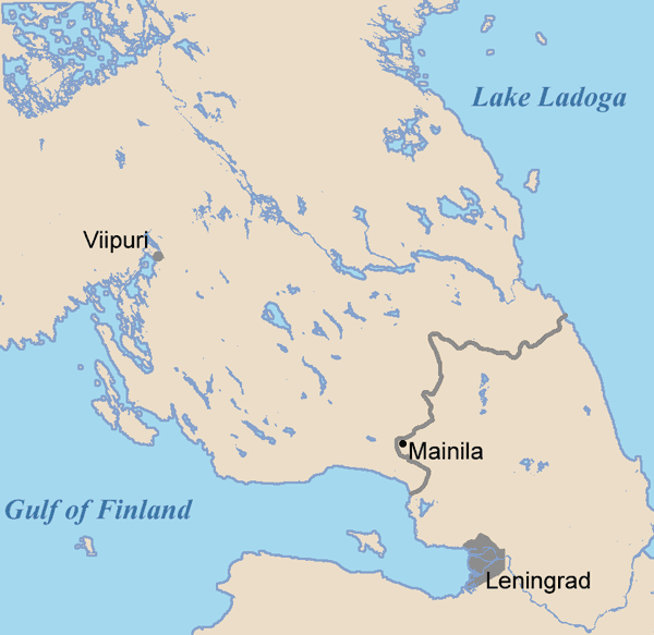 Местоположение посёлка Майнила на карте Карельского перешейка, граница указана по состоянию до момента подписания мирного договора в Москве